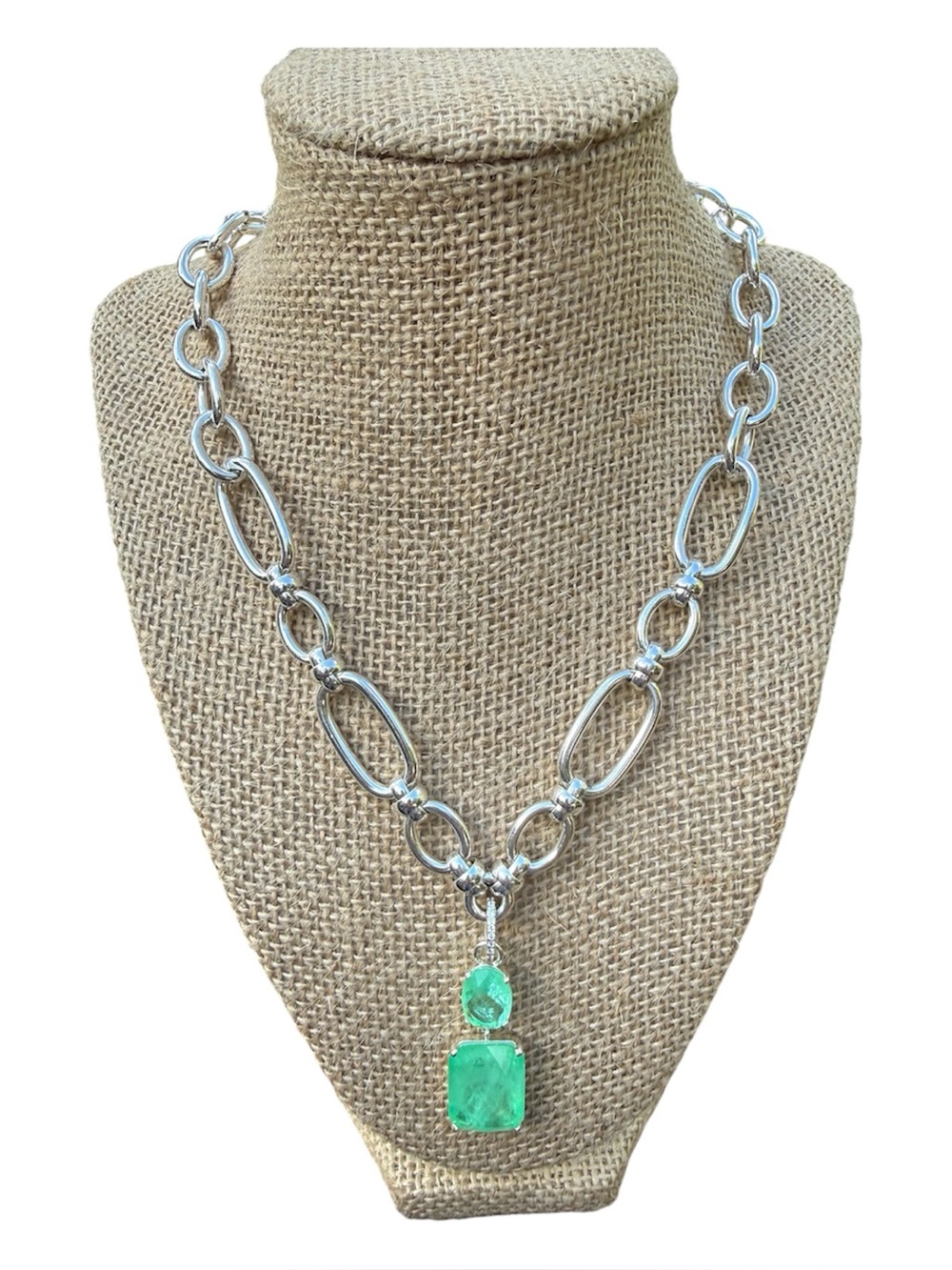 Silver Chain Necklace with Green Gemstone Drop Pendant - Women Jewelry